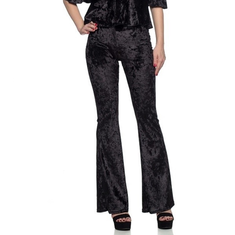 Black Crushed Velvet Bell Bottom Leggings, size L